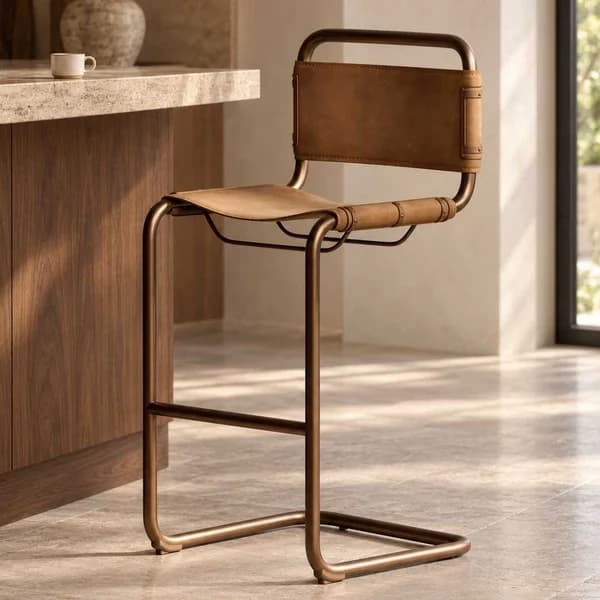 Luxury modern stool in the UAE Dubai Bar chair - Premium Sand-Toned Buffalo Leather & Sleek Metal Frame 